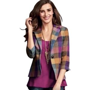 Cabi Happy Blazer Size 6 Plaid Wool Blend Preppy Chic Career Collegiate Colorful